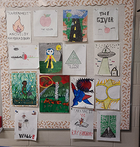 Wall displaying student artwork